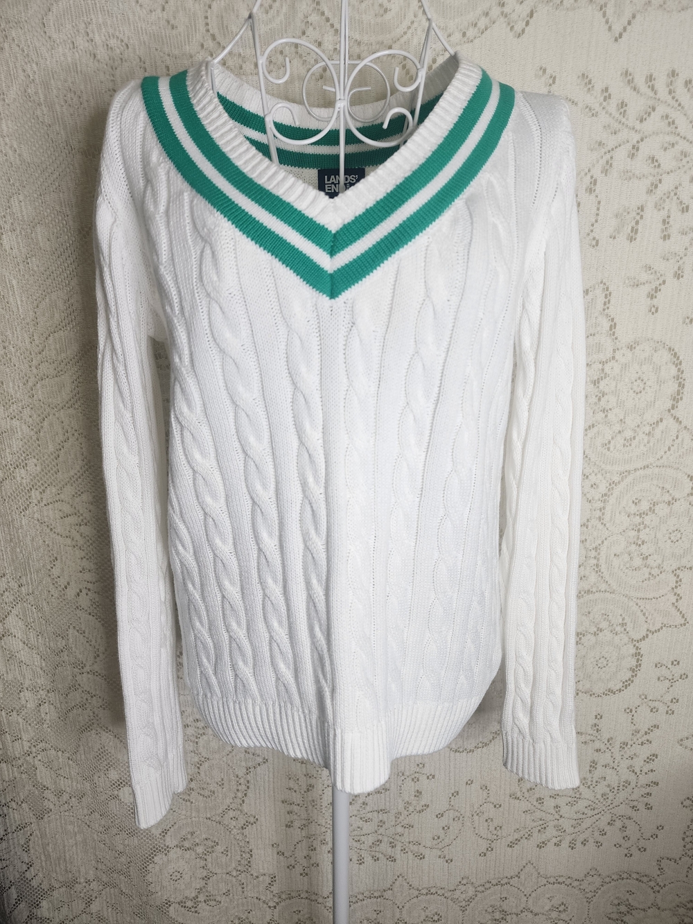Lands' End White Cable V-Neck Sweater with Teal Stripes